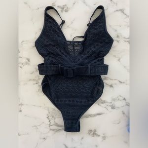 Becca Black Lace Belted One Piece Swim, M